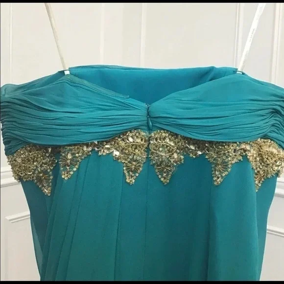 Marchesa Teal Strapless pleated and draped silk Dress with Gold beaded accent. - Picture 6 of 13
